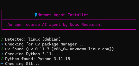 An image of the terminal process installing Hermes Agent of Nous Research