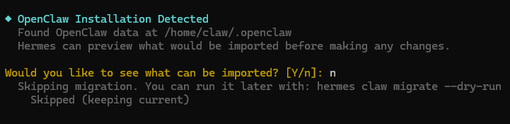Hermes install process prompting: OpenClaw installation detected