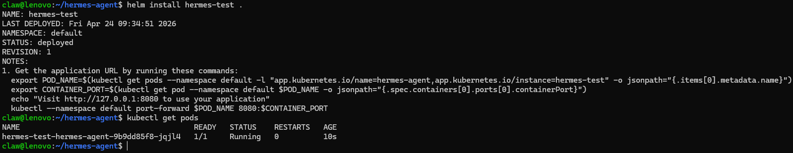 Terminal output of installing the helm chart successfully